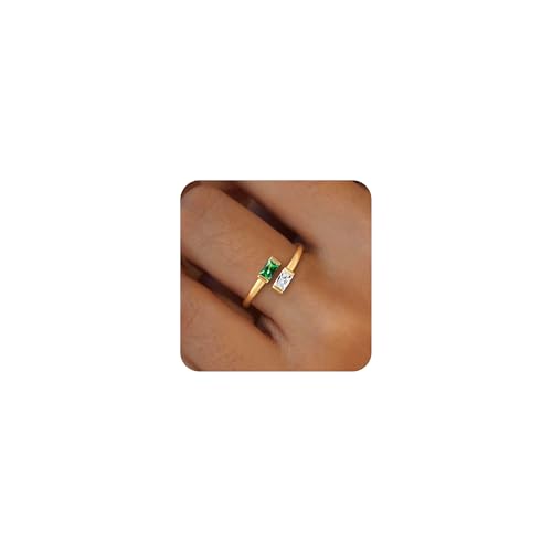 Honsny Gold Birthstone Rings for Women Non Tarnish 14K Gold Plated Adjustable Emerald Ring Cubic Zirconia Gemstone Promise Ring for Her Engagement Personalized Waterproof Jewelry Gifts for Birthday