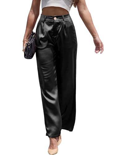 Women's Sequin Sparkly Glitter High Waist Wide Leg Silky Satin Pants Night Out Party Clubwear Trousers