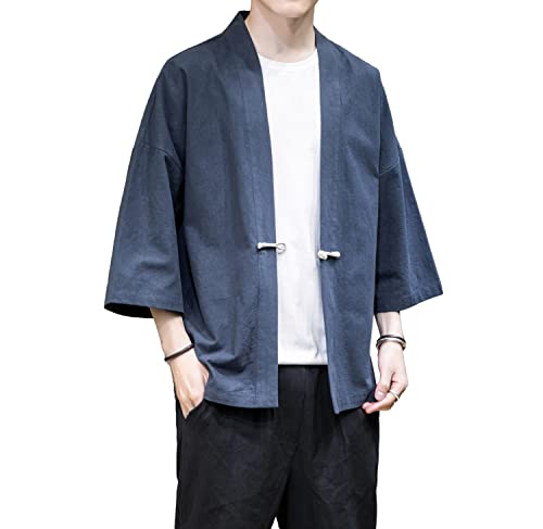 Image of Mens Kimono Cardigan Cotton Linen Japanese Shirt 3 /4 Sleeve Haori Yukata | Skin-Friendly Solid Color Lightweight Shawl Collar Kimono Robe Embroidery Button Tie Pockets Happi Coat All Season Daily Wear