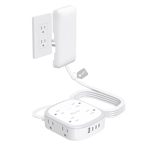 Outlet Cover Extension Cord Flat 6ft NUTICT Flat Plug Power Strip with 8 Outlets & 3 USB-C & 1 USB-A Port 13A/1625W 1440J Surge Protector Indoor 3 Prong Flat Wall Plug for Tight Spaces White