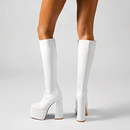 Image of wetkiss Classic Platform Knee High Boots Go Go Boots | Chunky Heel, Hallowee, Stretch Fabric, Square Toe, Good Gifts, Cosplay Custume, Festival,Versatile