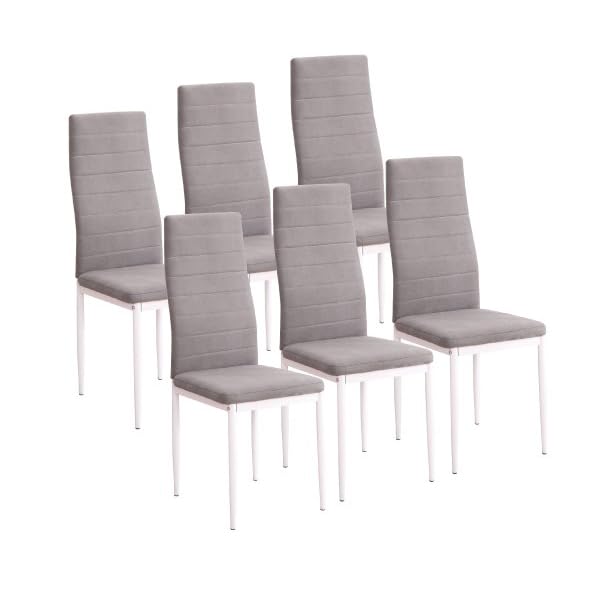 M1C - Pack 6 Sillas de Comedor Yuri, Respaldo y Asiento tapizado en Tela jarama Color Marengo, Sillas ergonómicas (Patas Color Blanco)