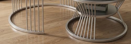 Image of Modern Round Nesting Coffee Table Set of 2 with Marble Finish Top & Metal Frame | Space Saving Nesting Center Table for Living Room, Bedroom, Office Lounge | Contemporary Circular Coffee Table Set