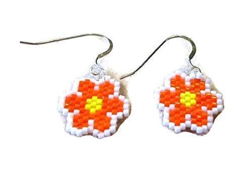 Handmadeby Artie Orange Flower Picture Seed Bead Dangle Earrings