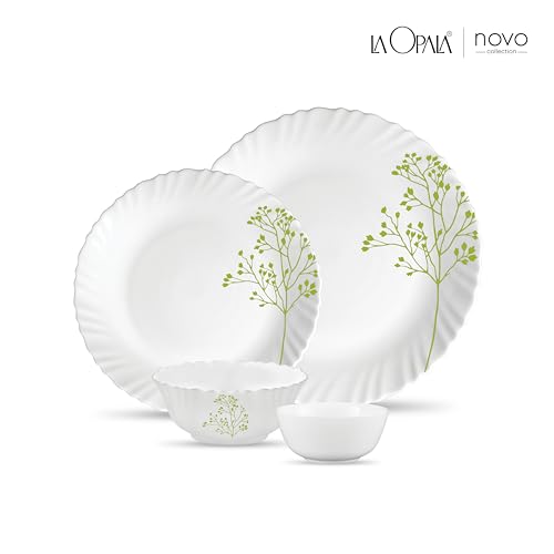 Image of La Opala Novo Collection Opal Glass Crockery | for Family of 6 | Dinner Set 20 pcs Blissful Green | Plates & Bowls for Dining | Microwave Safe | 100% Vegetarian | Extra Strong | Light & White
