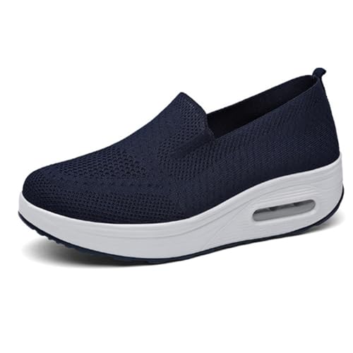 Wabkderpu Walking Shoes for Women Woven Breathable Slip On Sneakers Comfortable Air Cushion Orthopedic Shoes Anti-Slip Flat Platform Loafers Lightweight Casual Fashion Sneakers Navy