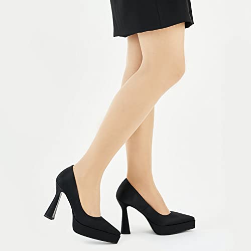 Lumuta Women's Wide Width Satin Platform Chunky Heel Pumps - Comfortable Black Heels Pointed Toe Women's Shoes #TOP5