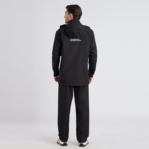 Image of ZEEL Raincoat with Adjustable Hood, Polyester Waterproof Full Sleeves, Backpack Friendly Pleate, Top and Bottom Set Rainwear, Front Zip with Snap Button Flap (EJS502, Black-Wave, XXL)
