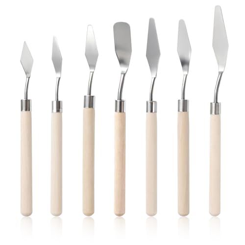 7 Stück Malmesser Spachtel Acrylmalerei Malmesser für Acrylfarben Edelstahl Spachtel Set Palettenmesser mit Holzgriff Malerspachtel Spachtel-Werkzeug Spatel zum Ölfarben Gouachea