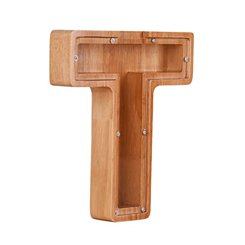 JENPECH Hucha de madera con letras para niños y niñas, alcancía grande con 26 letras del alfabeto, caja de ahorro de dinero, regalo de cumpleaños para niños y adultos, T