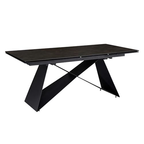 Table de salle à manger extensible en céramique et verre noir - Grande table de cuisine design rectangulaire - 180 à 260 cm - Avec pieds en métal