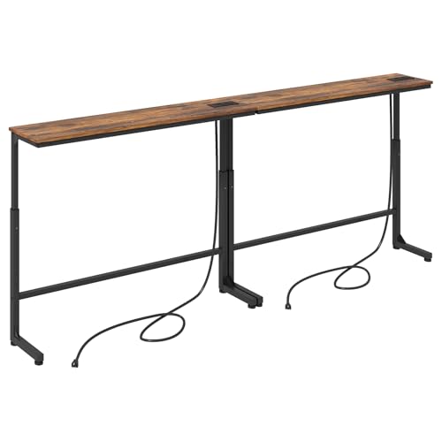 Kitstorack 2-Pack Rustic Brown Console Table, 7.9" Deep Panel, Adjustable Height (25"-33") & Built-in Power Outlets, Behind Sofa Couch, Includes 4.9' Power Cord - 79" L