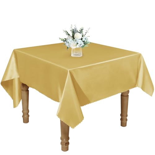 RUDONG M 1 Pack 60 x 60 Inch Square Tablecloth, Gold Satin Tablecloth, Silky Satin Square Table Cloth, Bright Smooth Satin Table Cover for Wedding, Banquet, Party Dinning Decoration by RUDONG M - Used condition - US$7.25