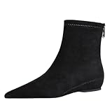 LOVEHEYNEW Women's Suede Flat Ankle Boots with Back Zipper Retro Comfortable Pointed Toe Internal Height Increase Wedge Short Bootie Fall Winter Daily Casual Dress Boots (black,7,7)