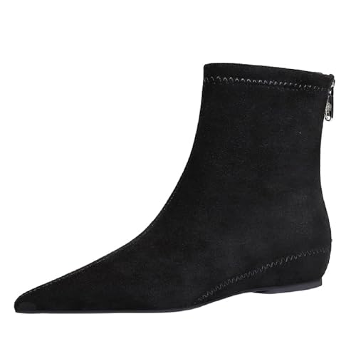 Women's Suede Flat Ankle Boots with Back Zipper Retro Comfortable Pointed Toe Internal Height Increase Wedge Short Bootie Fall Winter Daily Casual Dress Boots