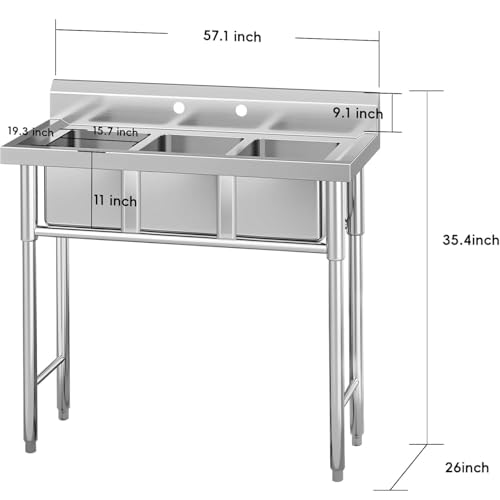 Image of Garvee Stainless Steel 3 Compartment Commercial Sink, 11x19 Inch Basins with 2 Drainboards, NSF Certified Undermount Utility Sink for Restaurant Kitchen Bar