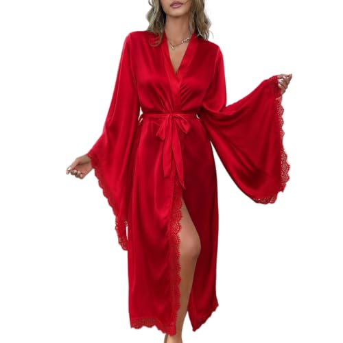 Image of Satin Lace Robe for Women Long Kimono Bathrobe Lightweight Silky Sleepwear
