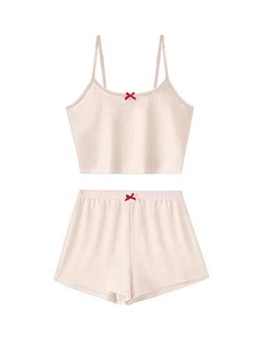 Image of Hilinker Womens Cute 2 Piece Pajama Set Ribbed Cami Top and Shorts Summer Pjs Sleepwear Solid Beige X-Large