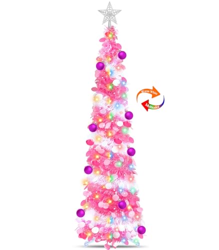 Valentines Day Decorations 5Ft Pink Valentines Christmas Tree with Balls 3D Star Sequins,Tinsel Valentines Tree 50 Warm White&Color Light Timer 8 Mode Pencil Collapsible Tree Home Valentines Day Decor