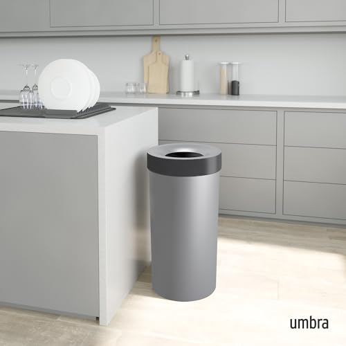 Image of Umbra Vento Kitchen Trash Can, Open Top Bin, 16.5 Gallon, Grey /Nickel | Brushed metal accents, bag concealing design, easy wipe clean, fits home and office, durable plastic