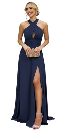 Halter Chiffon Long Bridesmaid Dresses with Slit A Line Formal Dress Evening Party Gowns