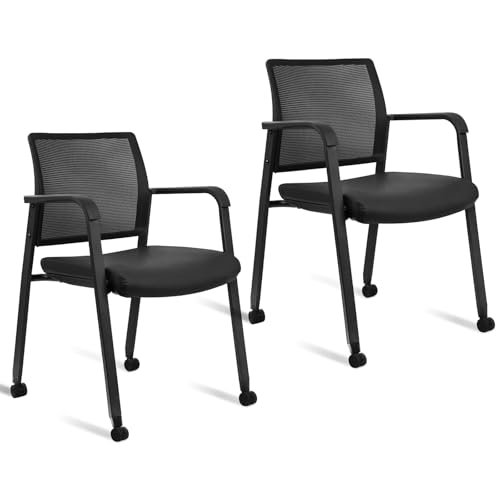 Image of CLATINA Mesh Back Guest Reception Stacking Chair with Wheels, Waiting Room Stackable Chairs with Upholstered Leather Seat & Ergonomic Lumbar Support for Office Conference School Lobby, Black, 2 Pack