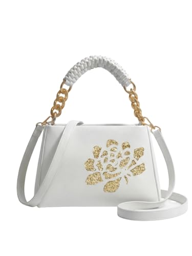 Image of LIKE STYLE Women's PU Sling Bag with Gold Glitter Floral Print | Dual Compartment Crossbody & Shoulder Bag with Braided Handle | Stylish Zip Closure Handbag for Office & Daily Use | Durable Material