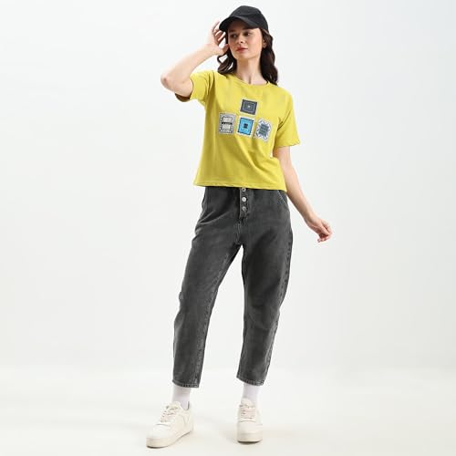 Image of Women Printed T Shirt Cotton Blend Yellow | Graphic Printed T Shirt for Women | Casual Wear Regular Fit Round Neck Half Sleeve Top for Girls