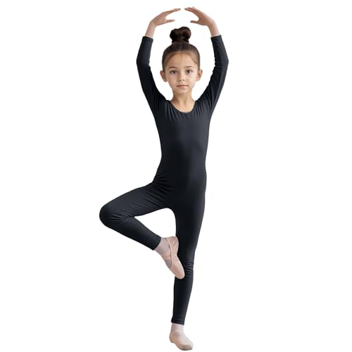 Wildarms Mädchen Langärmliger Tanz-Strumpfanzug – Körperumfassende Leotard für Ballett, Gymnastik, Performance und Kostüme (Schwarz, 7-9)