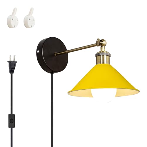 Image of ANYE Wall Sconce UL Plug-in Cord Bronze E26 Base Retro Minimalist Style Macaron Yellow Iron Shade Wall Light Fixture for Cabinet Kitchen Hotel Bulb Sold Separately