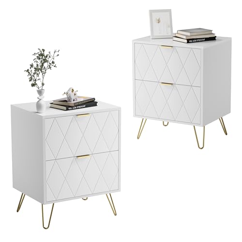 UEV Comodino Bianco Set di 2, Tavolino con 2 Cassetti in Legno, Comodino Piccolo Moderno, Maniglie e Gambe in Oro Cromato, per Camera da Letto, Soggiorno, 40 x 30 x 52 cm, Bianco