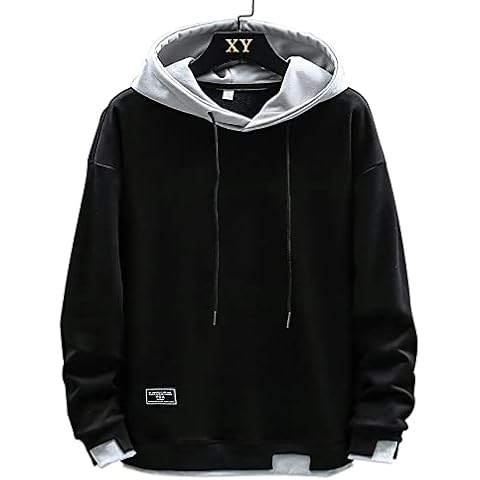 Mens's Hoodies Patchwork Hat Plain Blouse Unisex Hooded Long Sleeve Pullover Casual Fashion Sweatshirt (Black, M) Cover