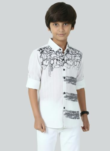 Image of Zilcon Boys Half & Half Long Sleeve Shirts Classic Collared Button-Down Tshirt Solid Cotton Letter Printed Kids & Junior Boys Shirt