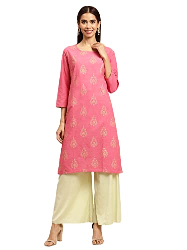 Image of rangita Pink Cotton Knee Length Printed Straight Kurti for Women | Kurta for Women