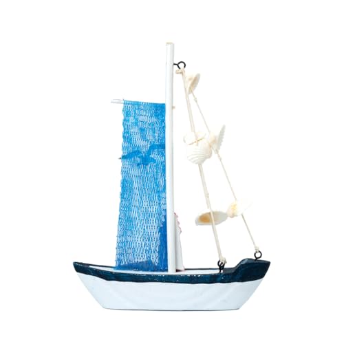 Image of Decorative Sailboat Nautical Model Showpiece | Wooden Miniature Sailing Boat for Home Decor, Living Room, Office & Table Desk Decoration | Light Blue Border-Net Cloth (15x4x22 cm)