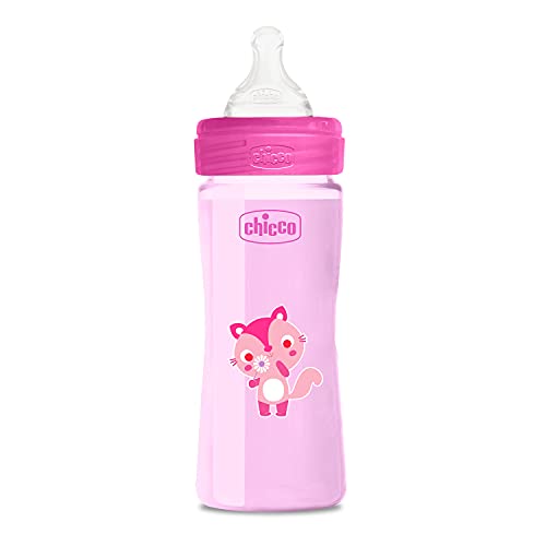Image of Chicco Well-Being 250ml Baby Coloured Feeding Bottle, Advanced Anti-Colic System, BPA Free, Hygienic Silicone Teat, Milk Bottle for Babies & Toddlers (Pink)