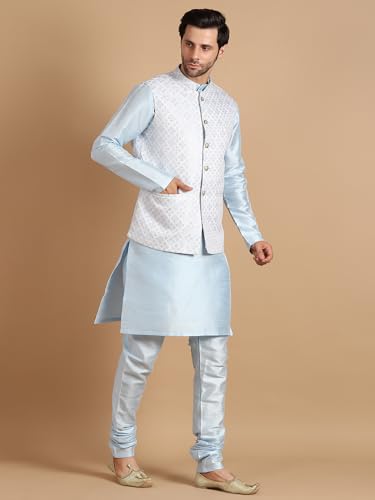 Image of men's Silk Blend Kurta Pejama & Waistcot Set