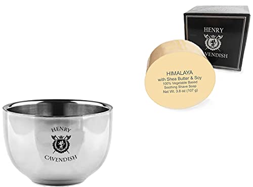 Henry Cavendish Himalaya Shaving Kit with - Shaving Soap with Shea Butter & Coconut Oil. Long Lasting 3.8 oz Puck Refill, plus Gentleman's Stainless Steel Shaving Soap Bowl.