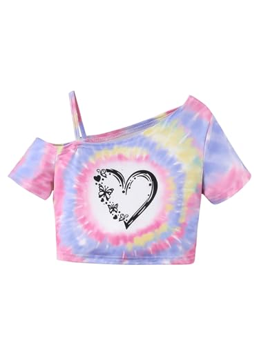 WDIRARA Girl's Tie Dye Heart Graphic T Shirt Asymmetrical Short Sleeve Shirts Tee Crop Tops