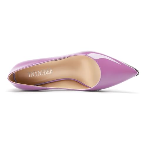 Image of TNYNFBEB Womens Mid Kitten Heel Pointed Toe Pumps Slip-on Silver Beaded Prom Party Dress Patent Leather 2.6 Inches Heels