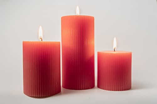 Image of Floryn Decor Paraffin Wax Ribbed Scented Pillar Candles, Set of 3, Size- Full 3by3, 3by4 & 3by6 inches (English Rose)