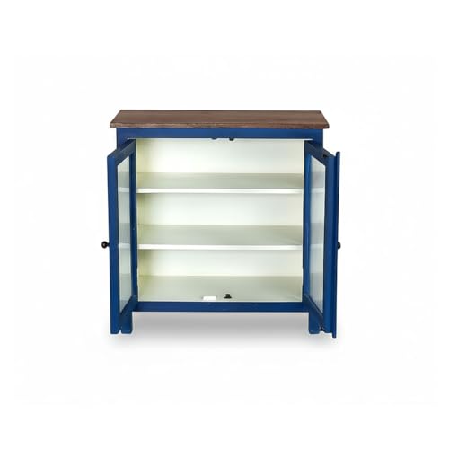Image of APRODZ 2 Door Cabinet with Wicker Front 2 Shelves | Mango Wood Storage Organizer | Rustic Durable Stylish Wooden Furniture | Compact Design Home Decor (Blue & Off White)