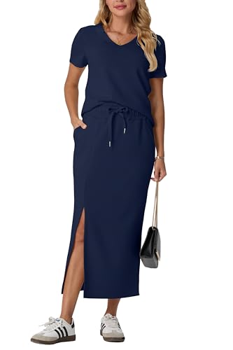 Image of GRECERELLE Women Summer Casual 2 Piece Sets V-Neck Wrinkle-Free Top & Elastic Waist Midi Side Slit Skirt with Pockets
