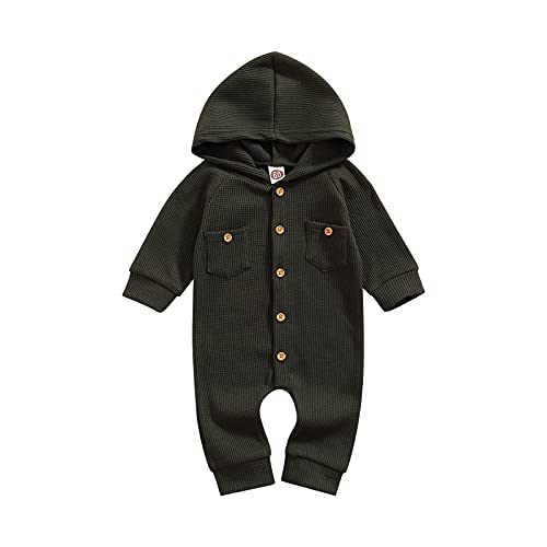 Image of Ynibbim Winter Newborn Baby Boy Girl Solid Romper Unisex Infants Hooded Outfit Clothes Waffle Cotton Button Jumpsuits