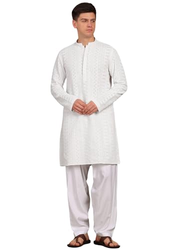 Image of See Designs Men's Full Sleeve Mandarin Collar Chikankari Embroidered Straight Kurta with Salwar