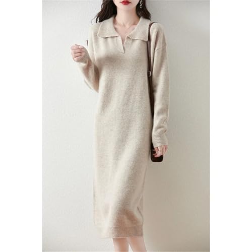 Niiyyjj Women Turn Down Collar V Neck Dresses 100% Merino Wool Knitted Pullover Dress Long Style Sweater3