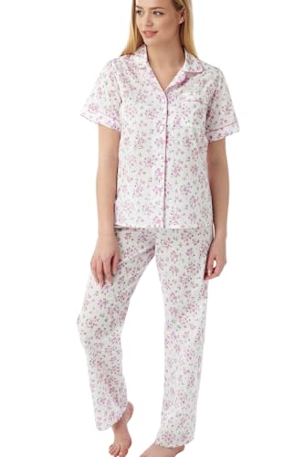 Image of Tesmark Floral Short Sleeve Pyjamas for women - Soft Polycotton Womens Pyjamas Set, Full-Length Pants and Satin Piping Ladies Pyjamas UK Size 10-30, MN14 (12-14, Pink)