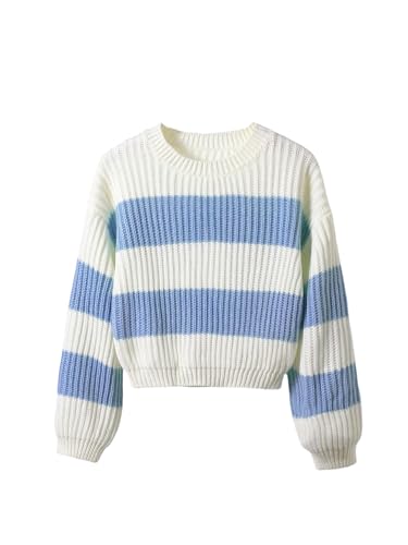 SHENHE Girl's Sweater Color Block Striped Crew Neck Fall Knitted Crop Top Sweater Jumper