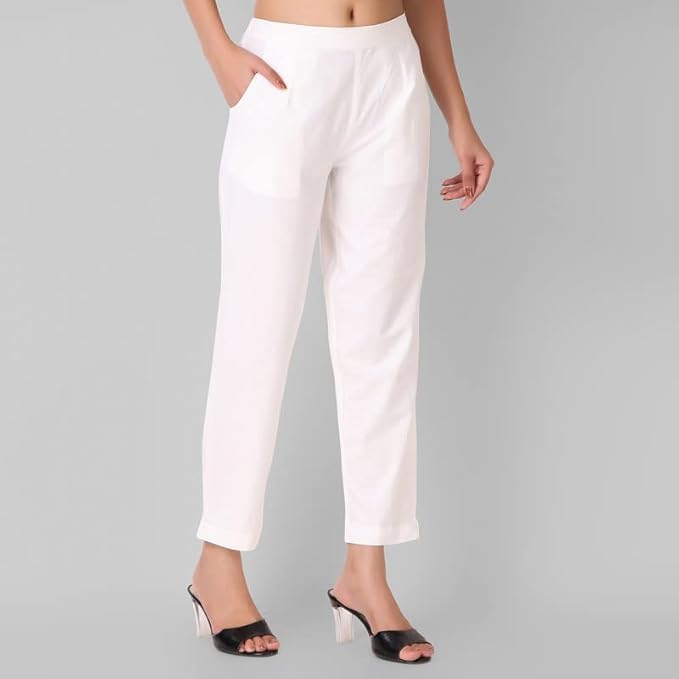 Image of Aarav Fabric Women's 100% Cotton Casual Pant | Ankle Length Regular fit Cotton Trouser | Straight Fit Formal Pants for Kurti, Office, Casual and Daily Outdoor Lifestyle