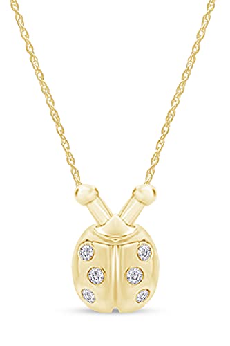 AFFY 1/10 Carat Round Cut Natural Diamond Ladybug Pendant Necklace With Bezel Setting In 14K Gold Over Sterling Silver (I2-I3 Clarity, I-J Color)